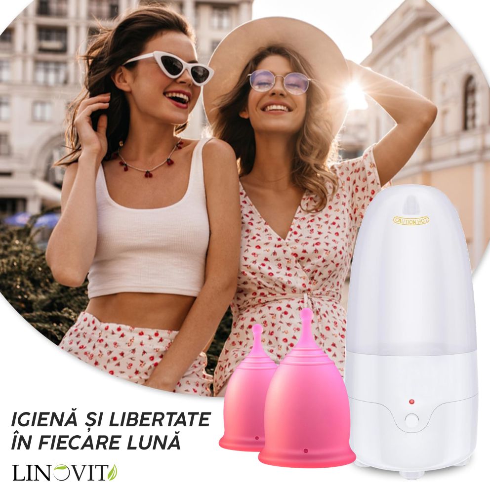 Set Sterilizator Cupe Menstruale + 2 Cupe Menstruale Reutilizabile 25ml & 30ml, Linovit®, Dispozitiv de Igienizare cu Aburi Compatibil cu Majoritatea Cupelor Menstruale, 100% Silicon Medical, Fara BPA, Fara Scurgeri, Roz