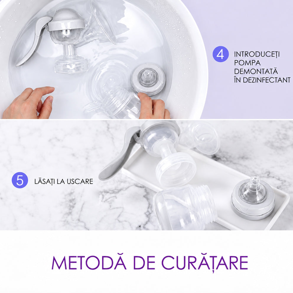 Pompa de san manuala 2 in1 cu biberon, Linovit®, 150 ml, 3 niveluri de aspirare, Cupa moale din silicon, Fara BPA, Gri deschis