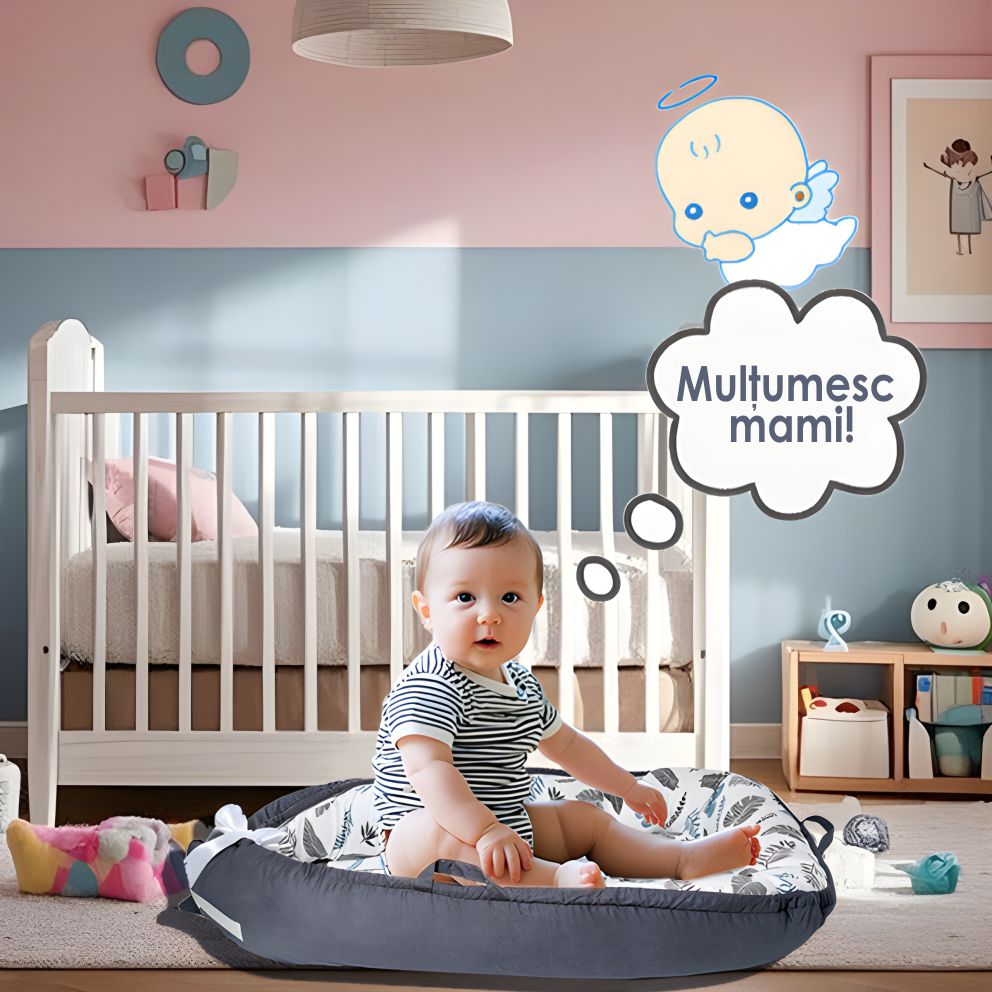 Cosulet Bebelusi pentru Dormit tip Baby Nest, cu Doua Fete, 0-24 Luni, 90x55cm, Husa Bumbac, Confort & Siguranta, Alb/Gri