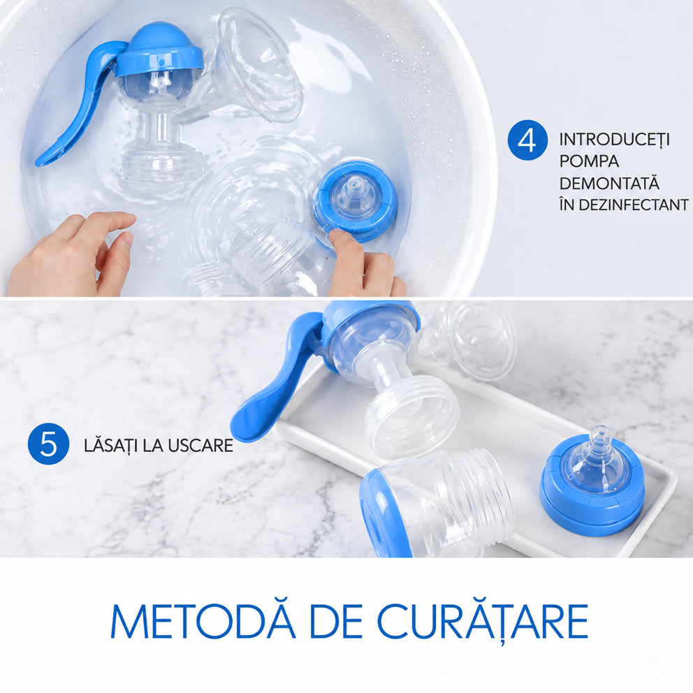 Pompa de san manuala 2 in1 cu biberon, Linovit®, 150 ml, 3 niveluri de aspirare, Cupa moale din silicon, Fara BPA, Albastru