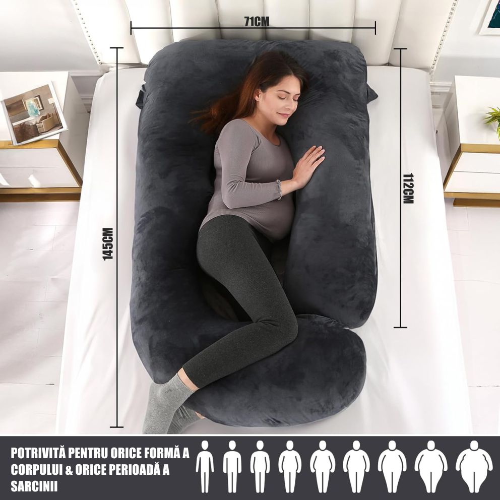 Perna Gravide si Alaptare 3 in 1, Multifunctionala, Forma de L, Sustinere pentru Burta, Spate, Solduri, Picioare, Bebelus, Relaxare, Husa detasabila, Negru