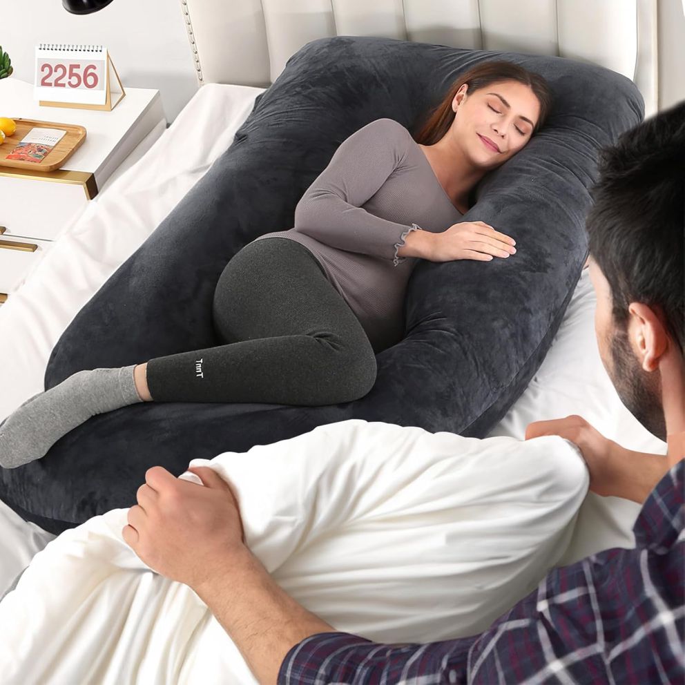 Perna Gravide si Alaptare 3 in 1, Multifunctionala, Forma de L, Sustinere pentru Burta, Spate, Solduri, Picioare, Bebelus, Relaxare, Husa detasabila, Negru