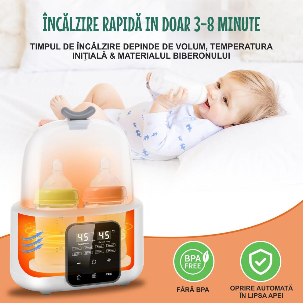 Sterilizator și Incalzitor Biberoane 8-in-1, 240ml, Temperatură Reglabilă 37-100°C, Încălzire Rapidă, Funcție de Decongelare, Sterilizare cu Aburi, Ecran LCD, Ideal pentru Lapte & Alimente