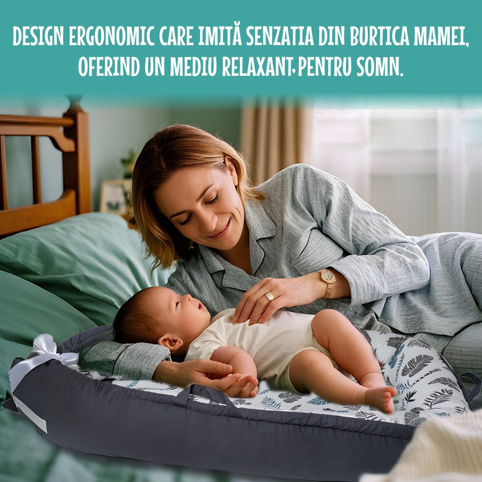 Cosulet Bebelusi pentru Dormit tip Baby Nest, cu Doua Fete, 0-24 Luni, 90x55cm, Husa Bumbac, Confort & Siguranta, Alb/Gri