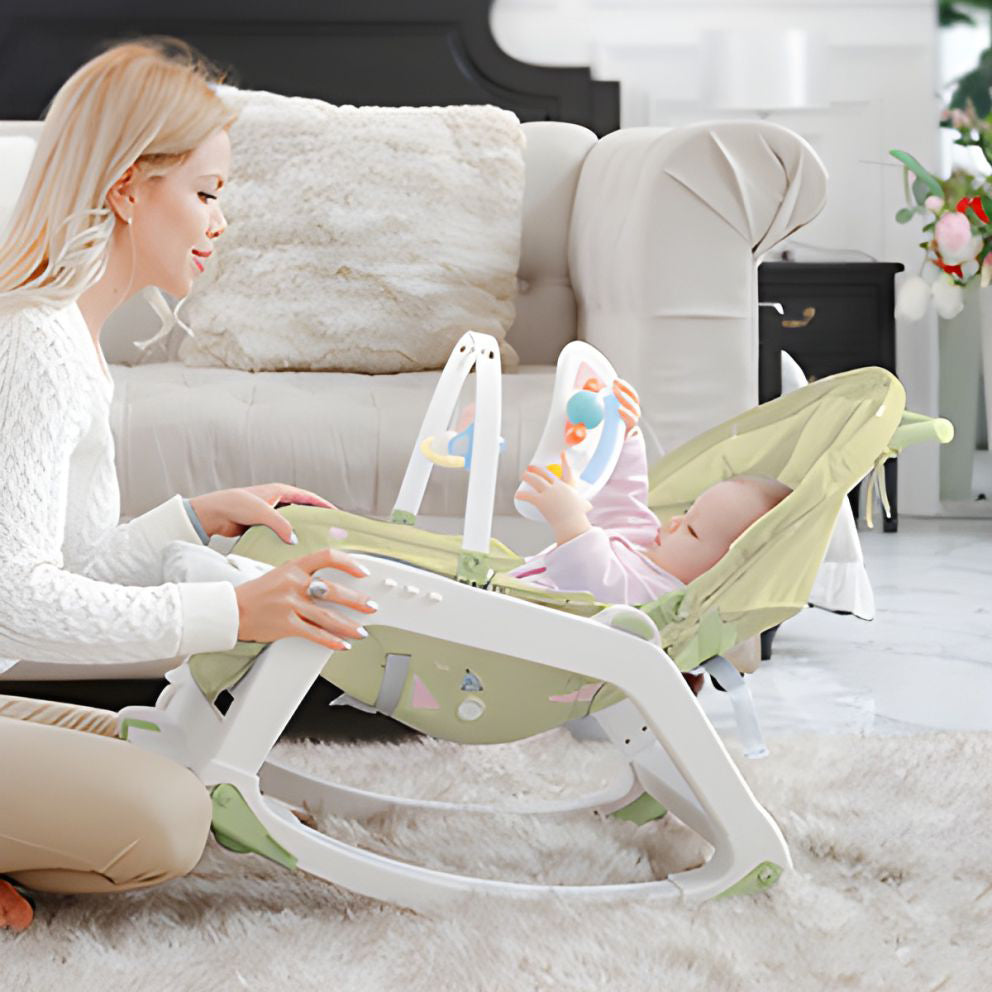 Balansoar Multifunctional 5 in 1, Scaun de Masa, Carucior, Masuta Ajustabila & Detasabila, Spatar Rabatabil, Coperina Ajustabila, Jucarii Detasabile, Buzunar Depozitare, Centura de Siguranta, 0-36 Luni, Verde