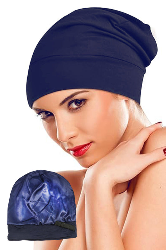 Bonetă de noapte pentru protecție păr cu interior din satin, Albastru Închis - Linovit Store