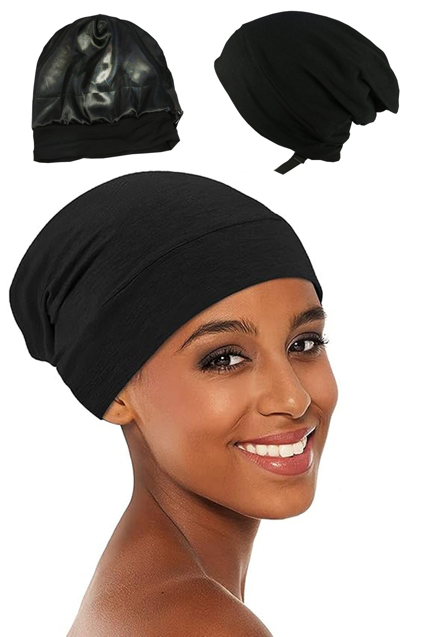 Bonetă de noapte pentru protecție păr cu interior din satin, Negru - Linovit Store