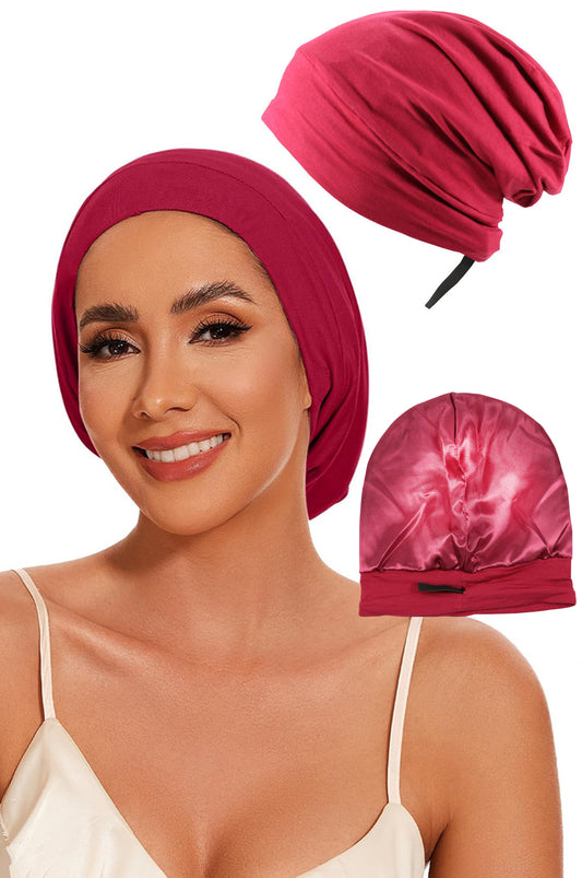 Bonetă de noapte pentru protecție păr cu interior din satin, Roșu Bordeaux - Linovit Store