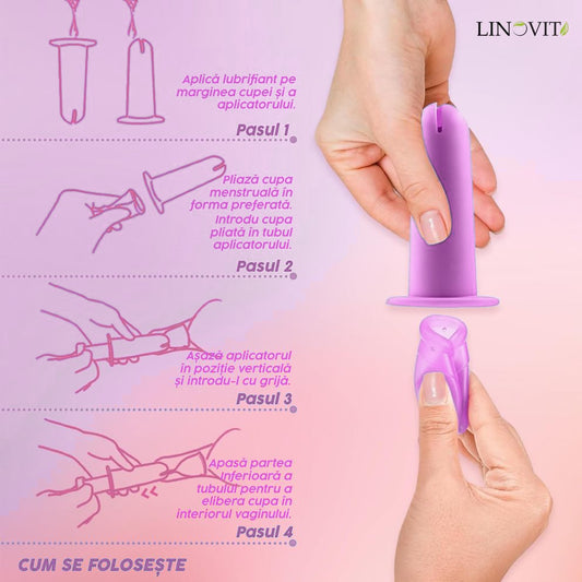 Aplicator pentru cupa menstruala Linovit®, silicon medical, reutilizabil, usor de folosit, compatibil cu lubrifiant, design compact si igienic, roz - Linovit Store