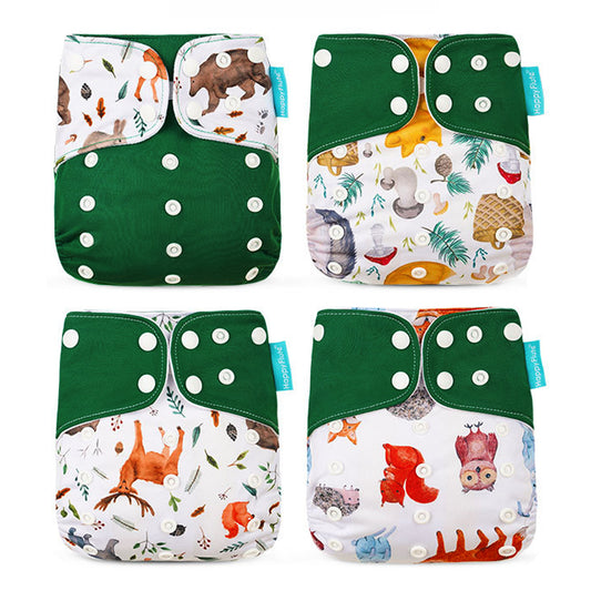Set 4 scutece bebe, 1 săculeț pentru transport si 8 inserții absorbante, Reutilizabile, Lavabile, Impermeabile, Marime Reglabilă 3kg-15kg, Verde/Alb - Linovit Store