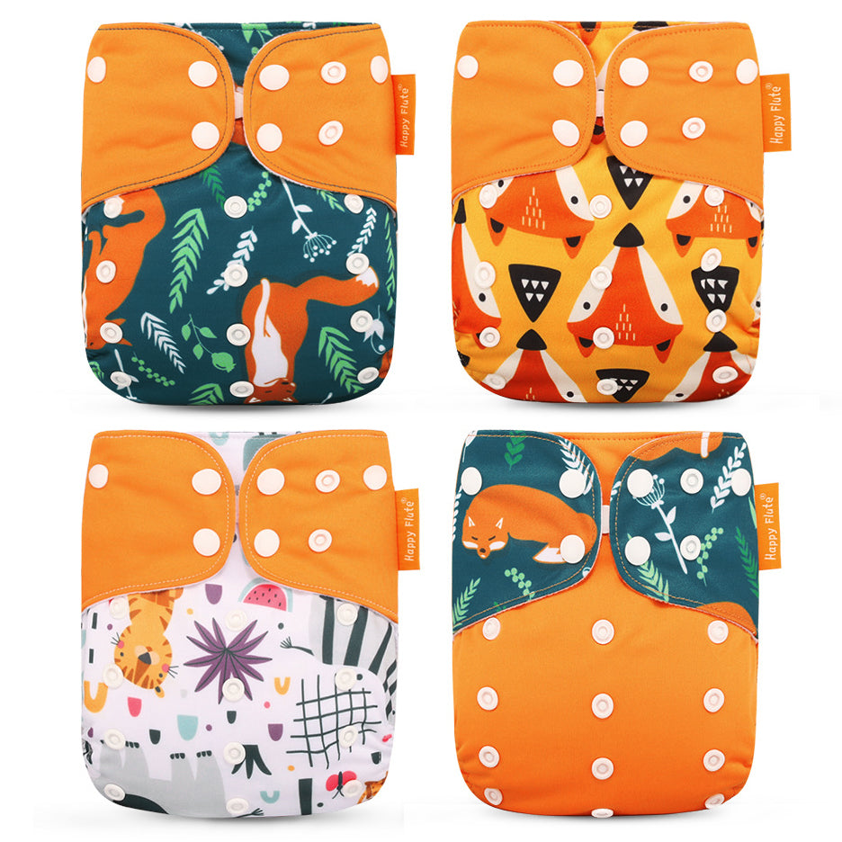 Set 4 scutece bebe, 1 săculeț pentru transport si 8 inserții absorbante, Reutilizabile, Lavabile, Impermeabile, Marime Reglabilă 3kg-15kg, Portocaliu/Verde - Linovit Store