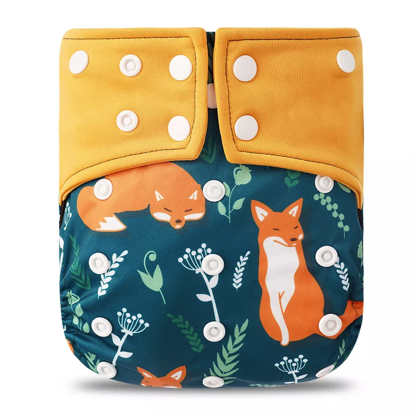 Set 4 scutece bebe, 1 săculeț pentru transport si 8 inserții absorbante, Reutilizabile, Lavabile, Impermeabile, Marime Reglabilă 3kg-15kg, Portocaliu/Verde - Linovit Store