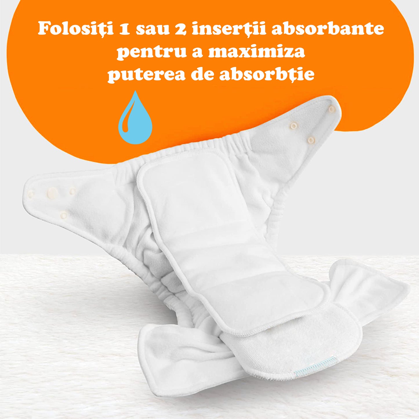Set 4 scutece bebe, 1 săculeț pentru transport si 8 inserții absorbante, Reutilizabile, Lavabile, Impermeabile, Marime Reglabilă 3kg-15kg, Portocaliu/Verde - Linovit Store