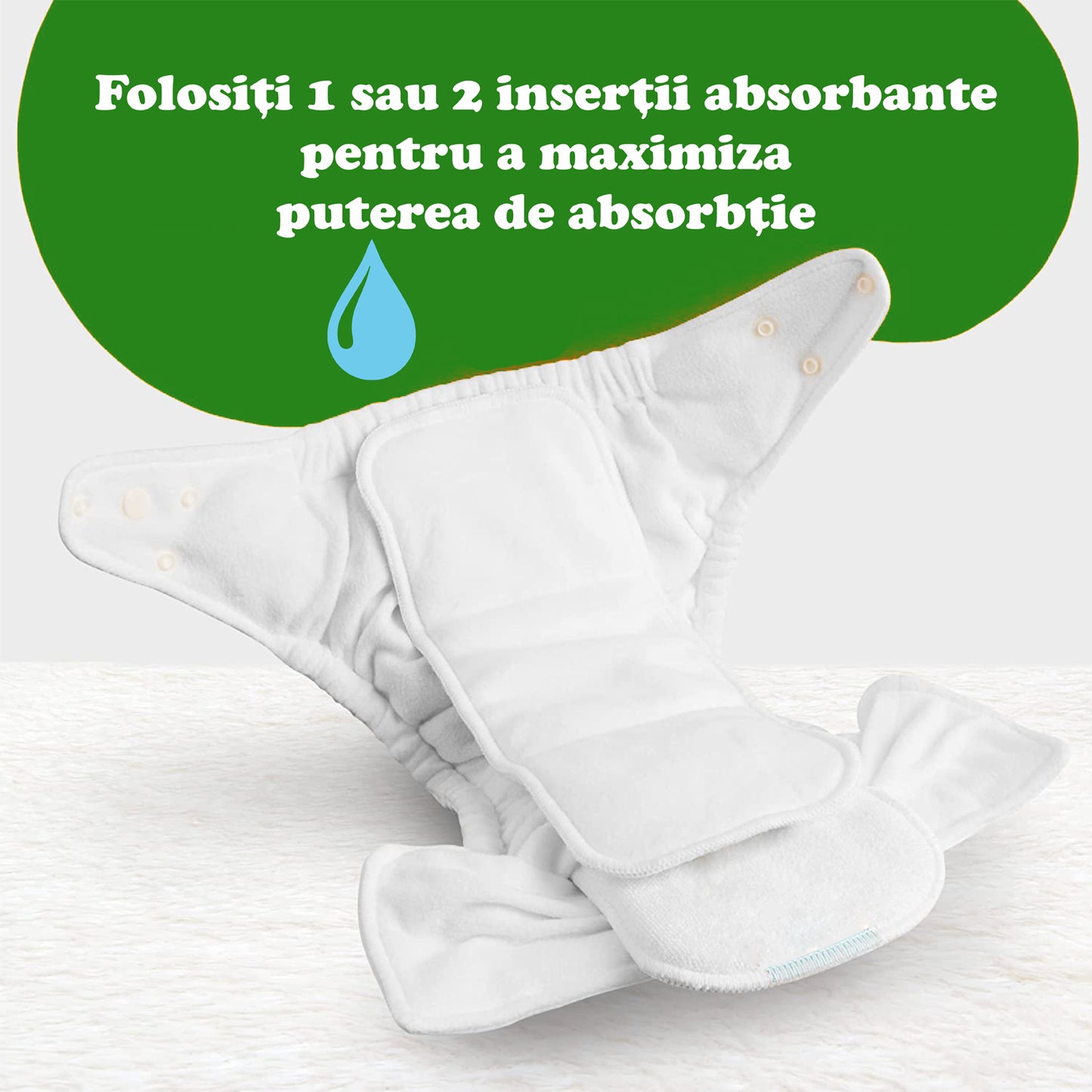 Set 4 scutece bebe, 1 săculeț pentru transport si 8 inserții absorbante, Reutilizabile, Lavabile, Impermeabile, Marime Reglabilă 3kg-15kg, Verde/Alb - Linovit Store