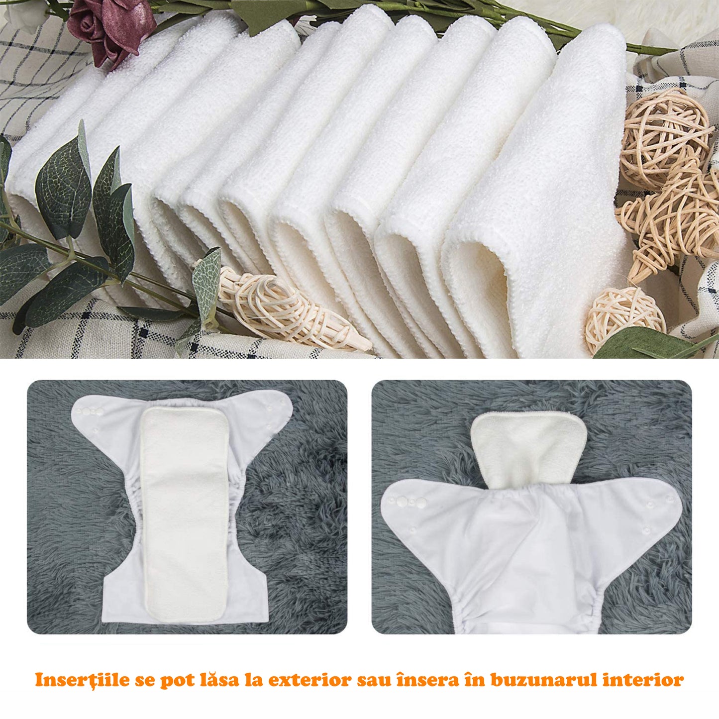 Set 4 scutece bebe, 1 săculeț pentru transport si 8 inserții absorbante, Reutilizabile, Lavabile, Impermeabile, Marime Reglabilă 3kg-15kg, Portocaliu/Verde - Linovit Store