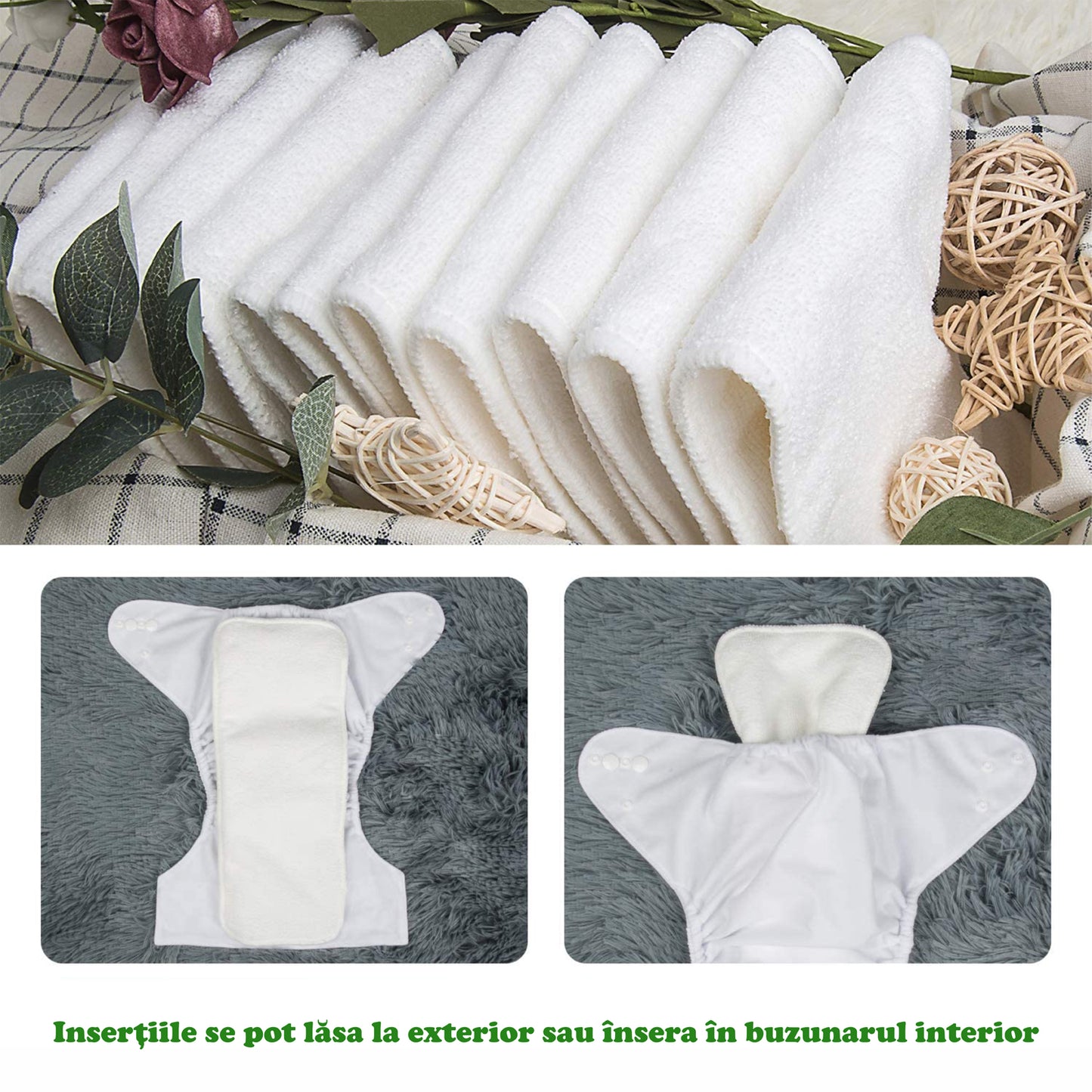 Set 4 scutece bebe, 1 săculeț pentru transport si 8 inserții absorbante, Reutilizabile, Lavabile, Impermeabile, Marime Reglabilă 3kg-15kg, Verde/Alb - Linovit Store