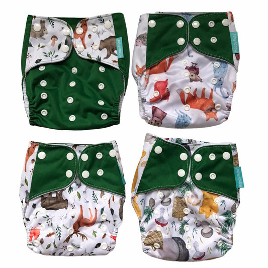 Set 4 scutece bebe, 1 săculeț pentru transport si 8 inserții absorbante, Reutilizabile, Lavabile, Impermeabile, Marime Reglabilă 3kg-15kg, Verde/Alb - Linovit Store