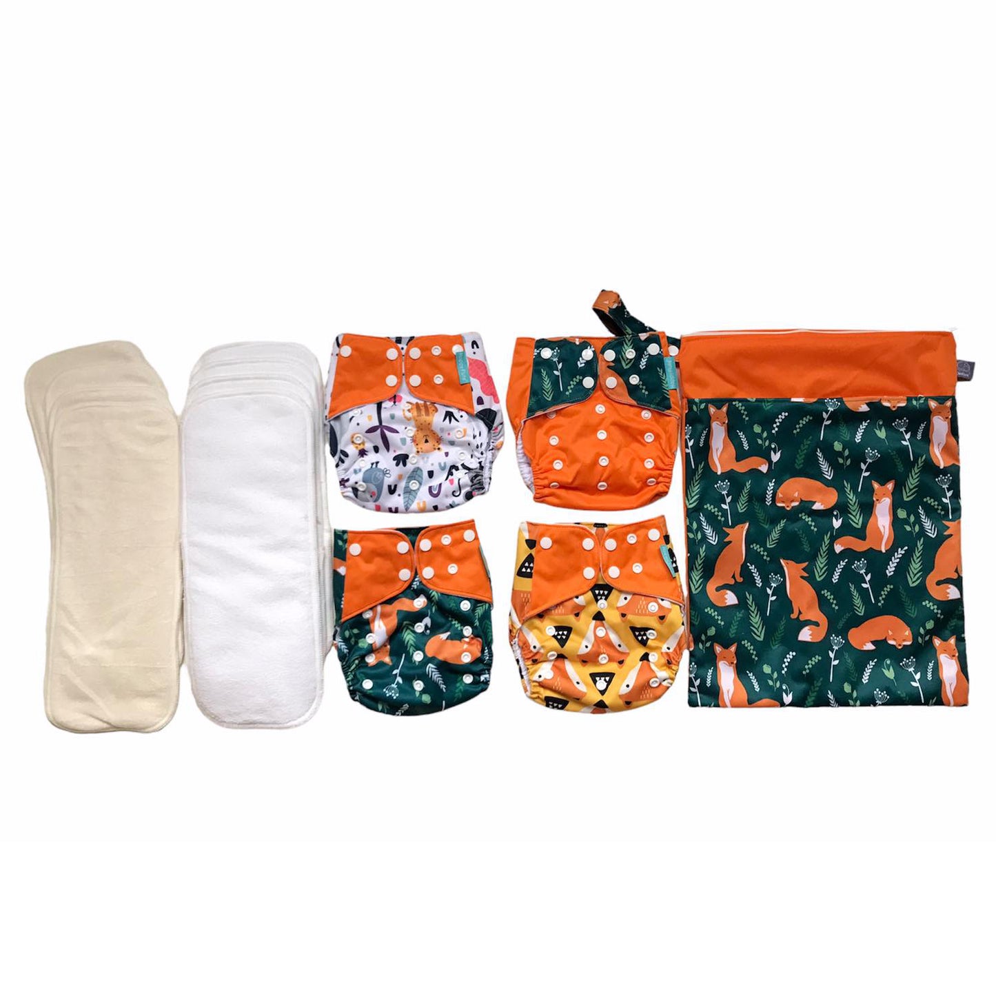 Set 4 scutece bebe, 1 săculeț pentru transport si 8 inserții absorbante, Reutilizabile, Lavabile, Impermeabile, Marime Reglabilă 3kg-15kg, Portocaliu/Verde - Linovit Store