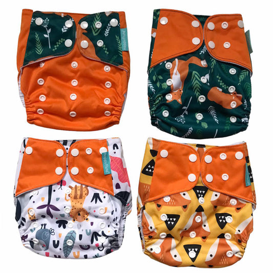Set 4 scutece bebe, 1 săculeț pentru transport si 8 inserții absorbante, Reutilizabile, Lavabile, Impermeabile, Marime Reglabilă 3kg-15kg, Portocaliu/Verde - Linovit Store