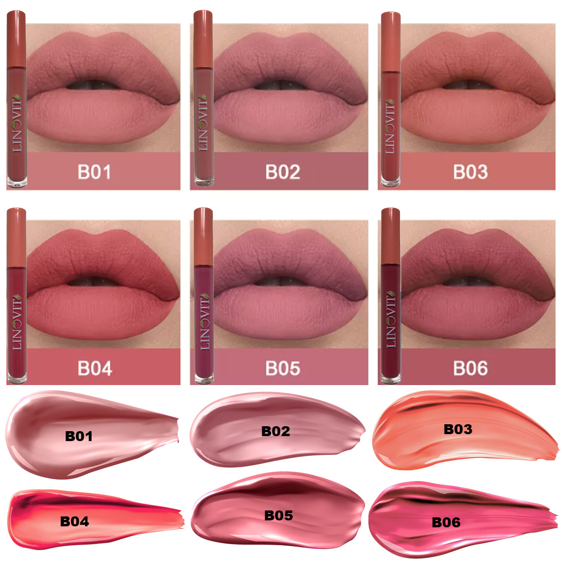 Set 6 rujuri mate rezistente la transfer, waterproof, 6 X 2.5 ml, Rose / Nude - Linovit Store