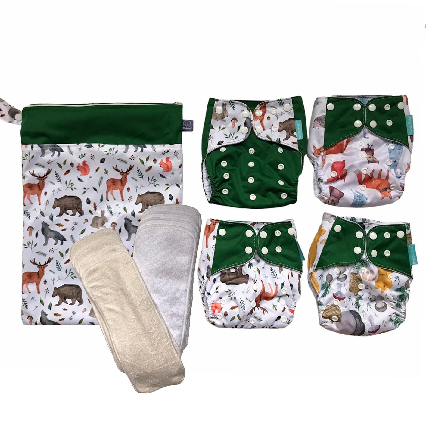 Set 4 scutece bebe, 1 săculeț pentru transport si 8 inserții absorbante, Reutilizabile, Lavabile, Impermeabile, Marime Reglabilă 3kg-15kg, Verde/Alb - Linovit Store