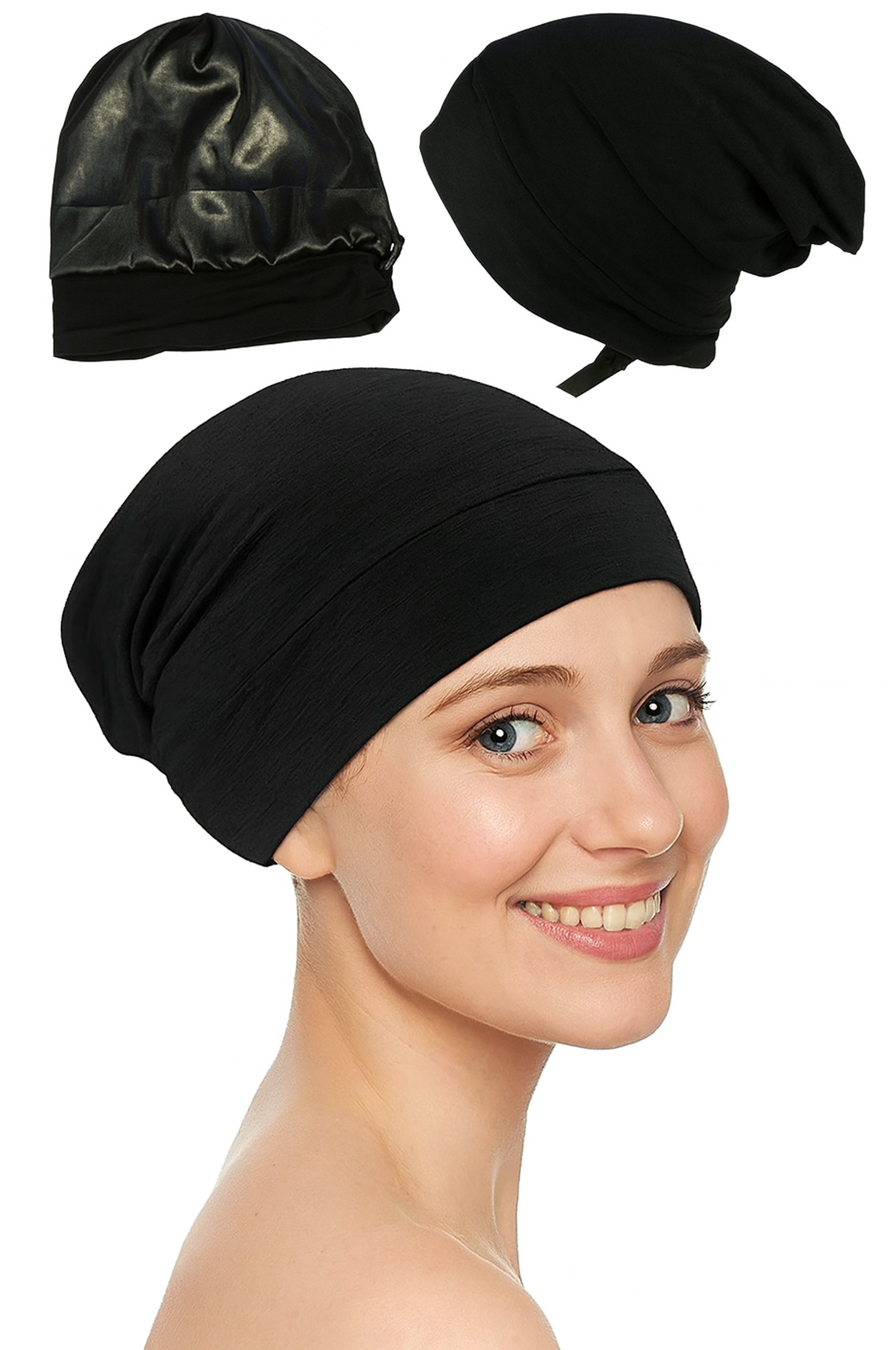 Bonetă de noapte pentru protecție păr cu interior din satin, Negru - Linovit Store