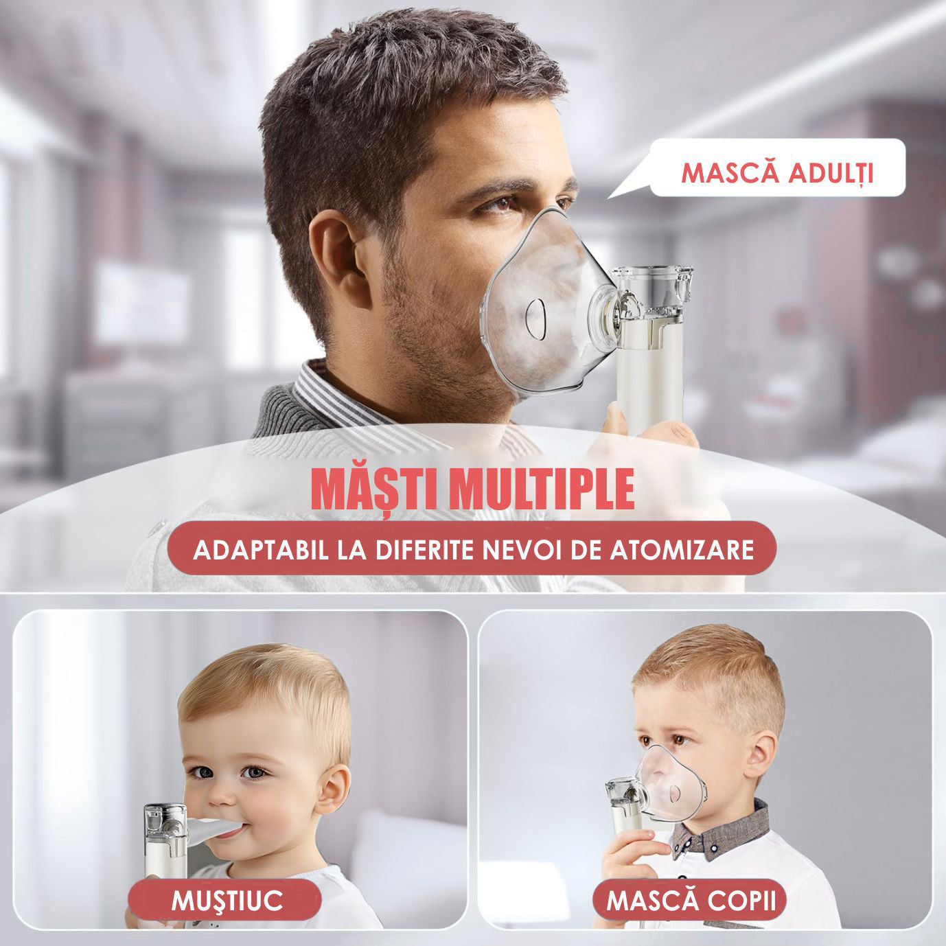 Aparat Aerosoli Profesional, Masca Copii si Adulti, Mustiuc Inhalare, 3 Moduri, Tehnologie Mesh, Particule 3.5µm, Autocuratare, Timer