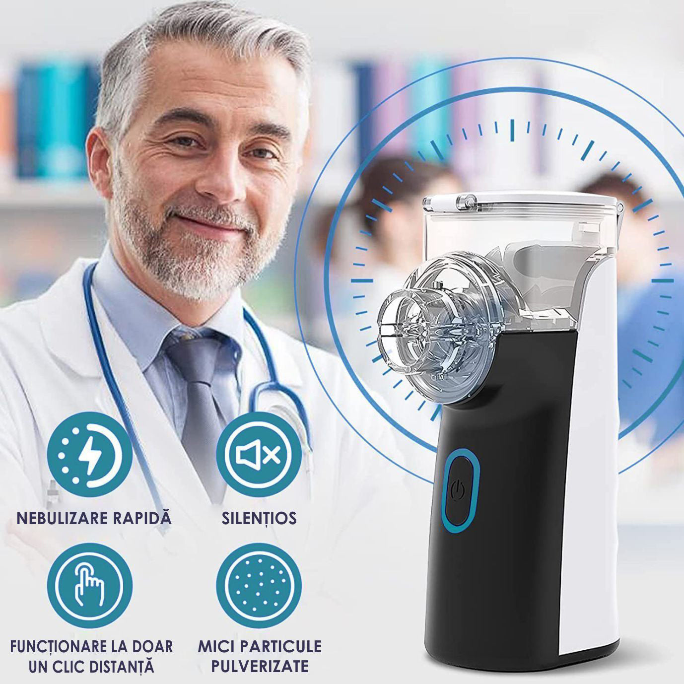Aparat Aerosoli Profesional, Masca Copii si Adulti, Mustiuc Inhalare, Tehnologie Dual-Wave, Particule ≤4μm, Autocuratare