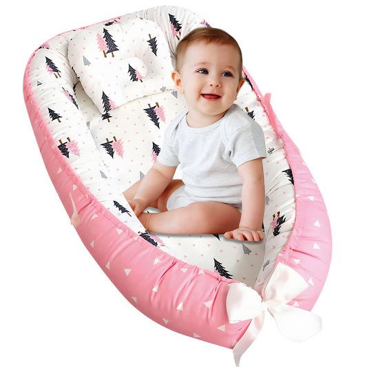 Cosulet Bebelusi pentru Dormit tip Baby Nest, cu Doua Fete, 0-24 Luni, 90x55cm, Husa Bumbac, Confort & Siguranta, Alb/Roz