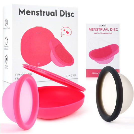 Set 2 Discuri Menstruale Reutilizabile + Cutie de Depozitare, Linovit®, Silicon de Uz Medical, Marime L, Roz/Negru - Linovit Store