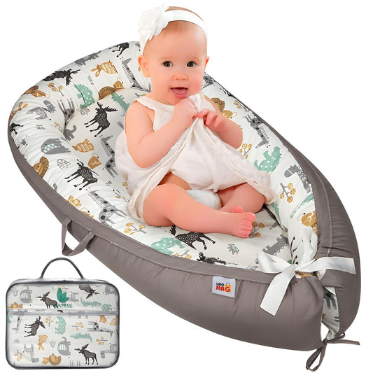 Cosulet Bebelusi pentru Dormit tip Baby Nest, cu Doua Fete, 0-24 Luni, 90x55cm, Husa Bumbac, Confort & Siguranta, Alb/Gri Bej