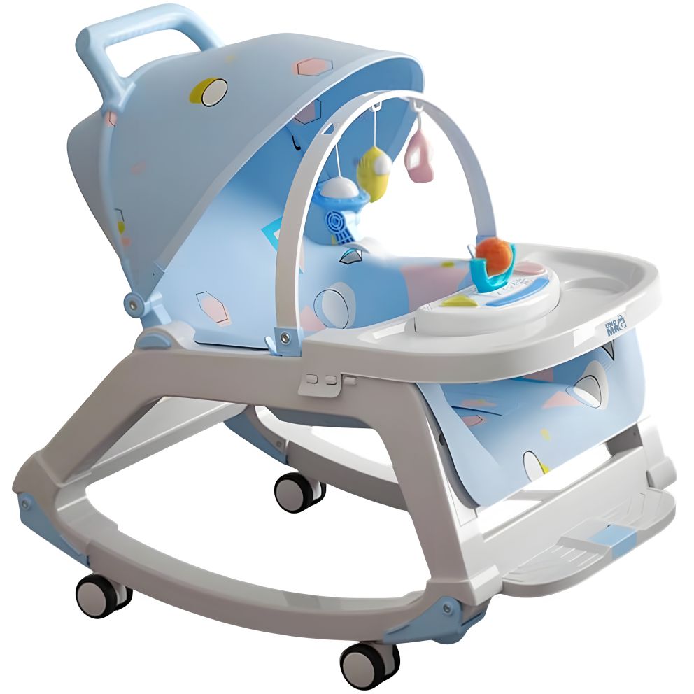 Balansoar Multifunctional 5 in 1, Scaun de Masa, Carucior, Masuta Ajustabila & Detasabila, Spatar Rabatabil, Coperina Ajustabila, Jucarii Detasabile, Buzunar Depozitare, Centura de Siguranta, 0-36 Luni, Albastru