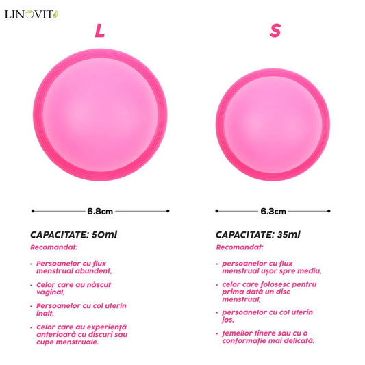 Set 2 Discuri Menstruale Reutilizabile + Cutie de Depozitare, Linovit®, Silicon de Uz Medical, Marime L, Roz/Negru - Linovit Store