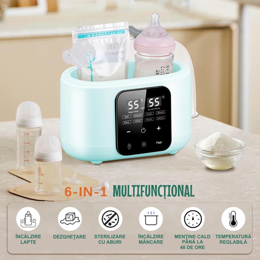 Sterilizator și Incalzitor Biberoane 8-in-1, 240ml, Temperatură Reglabilă 37-100°C, Încălzire Rapidă, Funcție de Decongelare, Sterilizare cu Aburi, Ecran LCD, Ideal pentru Lapte & Alimente