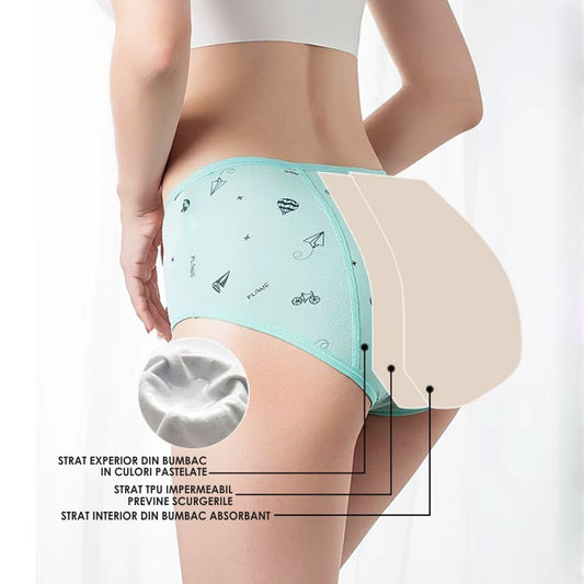 Set 6 Chiloți Menstruali pentru Adolescente, Pentru Flux Redus, 3 Straturi, Confort și Protecție Zilnică, Reutilizabili, Bumbac, Multicolori