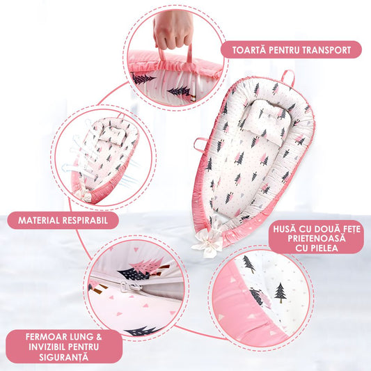 Cosulet Bebelusi pentru Dormit tip Baby Nest, cu Doua Fete, 0-24 Luni, 90x55cm, Husa Bumbac, Confort & Siguranta, Alb/Roz