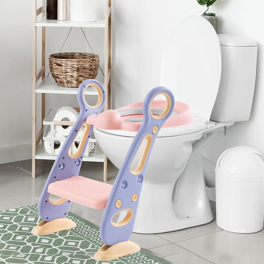 Reductor WC pentru Copii cu Scarita, Plabil, Reglabil pe Inaltime, Colac Moale, 42.6 x 55 x 41.5 cm, Purple / Rose