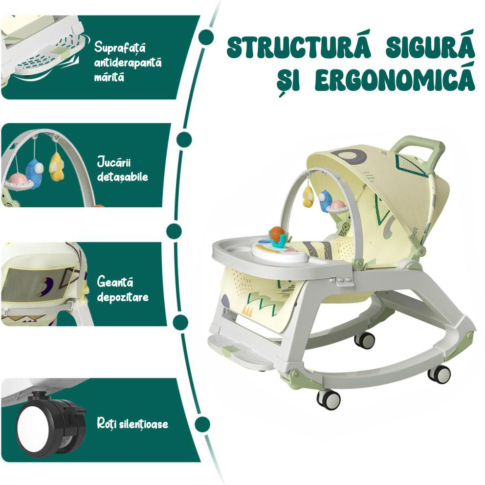 Balansoar Multifunctional 5 in 1, Scaun de Masa, Carucior, Masuta Ajustabila & Detasabila, Spatar Rabatabil, Coperina Ajustabila, Jucarii Detasabile, Buzunar Depozitare, Centura de Siguranta, 0-36 Luni, Verde