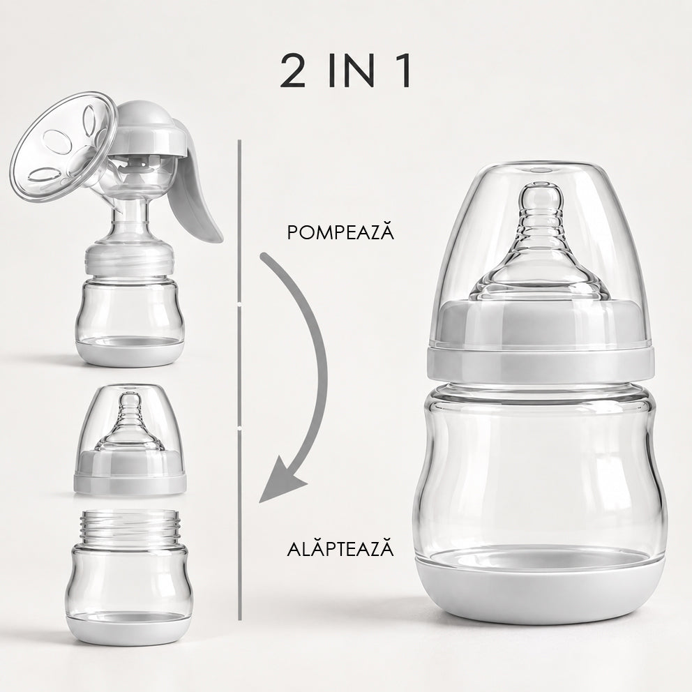 Pompa de san manuala 2 in1 cu biberon, Linovit®, 150 ml, 3 niveluri de aspirare, Cupa moale din silicon, Fara BPA, Gri deschis