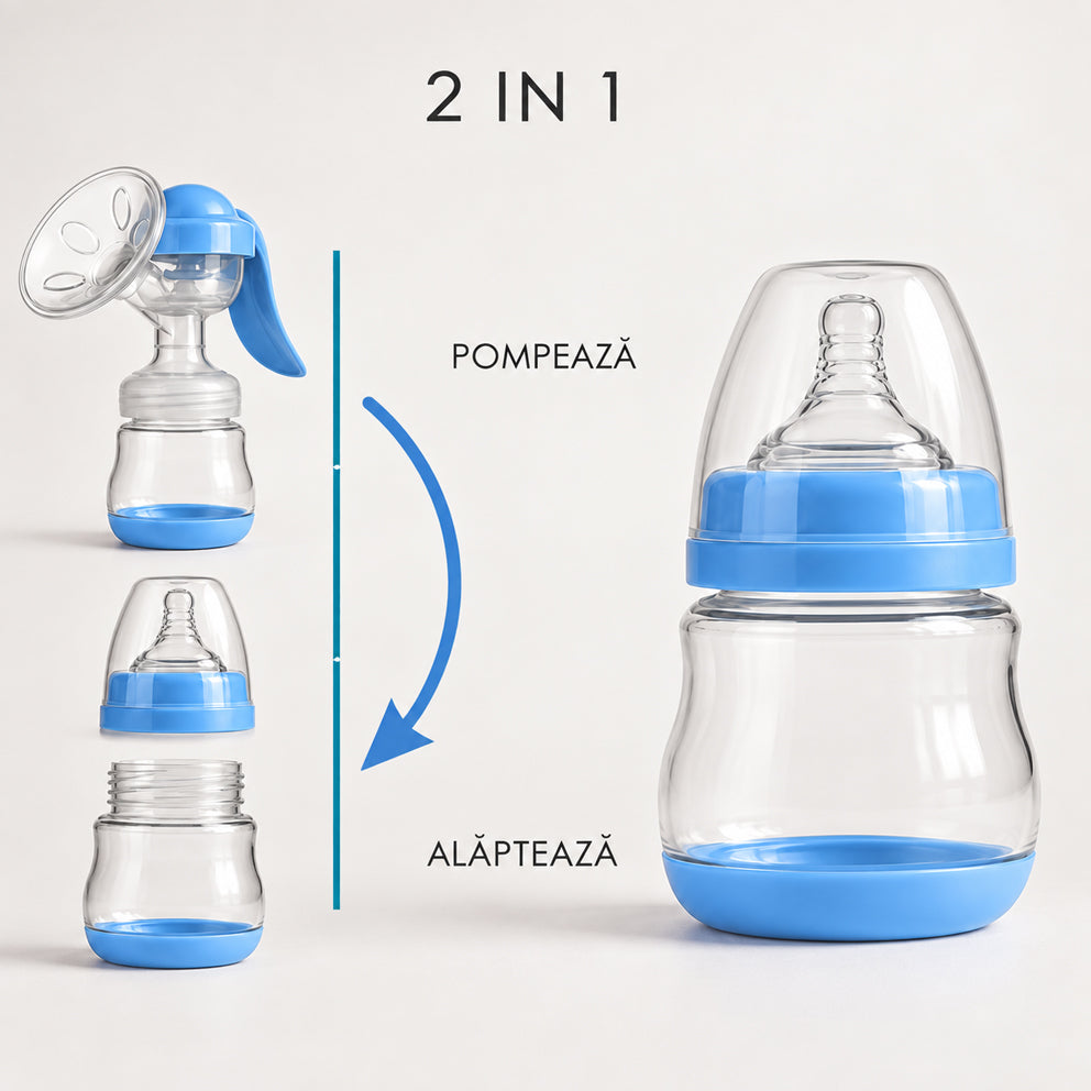 Pompa de san manuala 2 in1 cu biberon, Linovit®, 150 ml, 3 niveluri de aspirare, Cupa moale din silicon, Fara BPA, Albastru