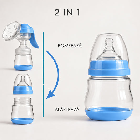 Pompa de san manuala 2 in1 cu biberon, Linovit®, 150 ml, 3 niveluri de aspirare, Cupa moale din silicon, Fara BPA, Albastru - Linovit Store