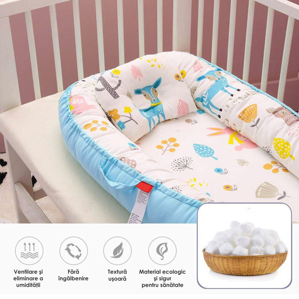 Cosulet Bebelusi pentru Dormit tip Baby Nest, cu Doua Fete, 0-24 Luni, 90x55cm, Husa Bumbac, Confort & Siguranta, Alb/Blue sky