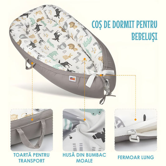 Cosulet Bebelusi pentru Dormit tip Baby Nest, cu Doua Fete, 0-24 Luni, 90x55cm, Husa Bumbac, Confort & Siguranta, Alb/Gri Bej