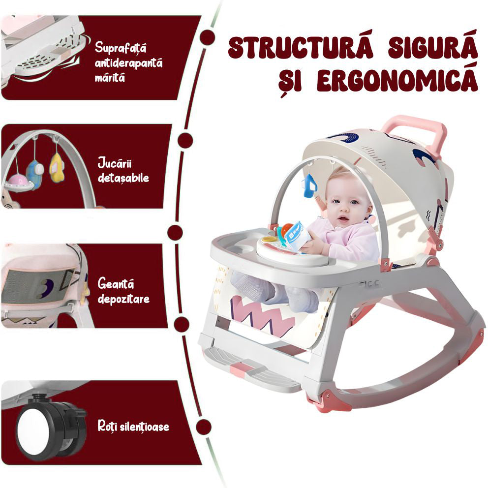 Balansoar Multifunctional 5 in 1, Scaun de Masa, Carucior, Masuta Ajustabila & Detasabila, Spatar Rabatabil, Coperina Ajustabila, Jucarii Detasabile, Buzunar Depozitare, Centura de Siguranta, 0-36 Luni, Roz