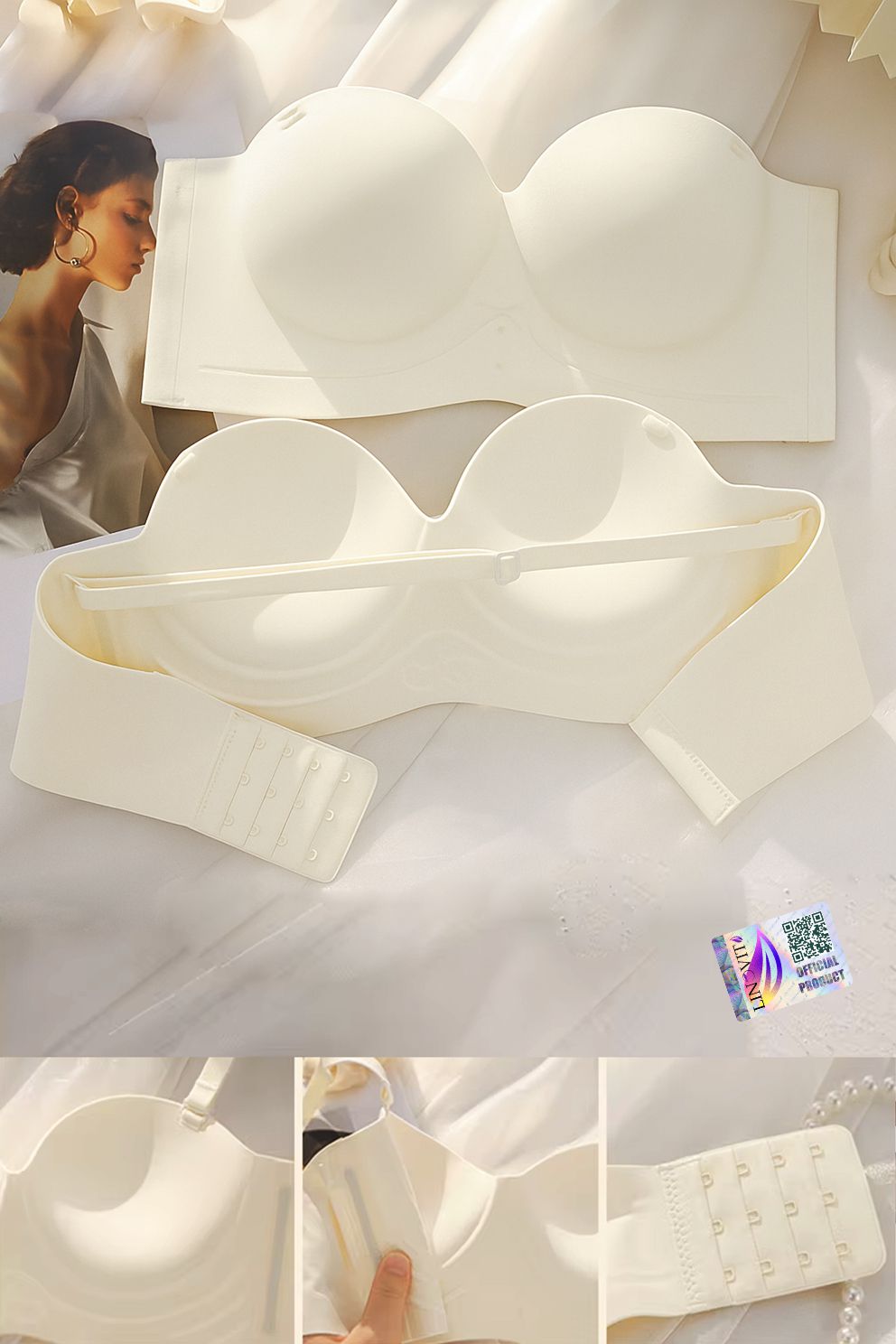 Sutien fara armaturi si fara cusaturi, Linovit®, Push-up, Bretele detasabile, Sistem dublu de prindere, Ideal pentru rochii cu spatele gol, Alb