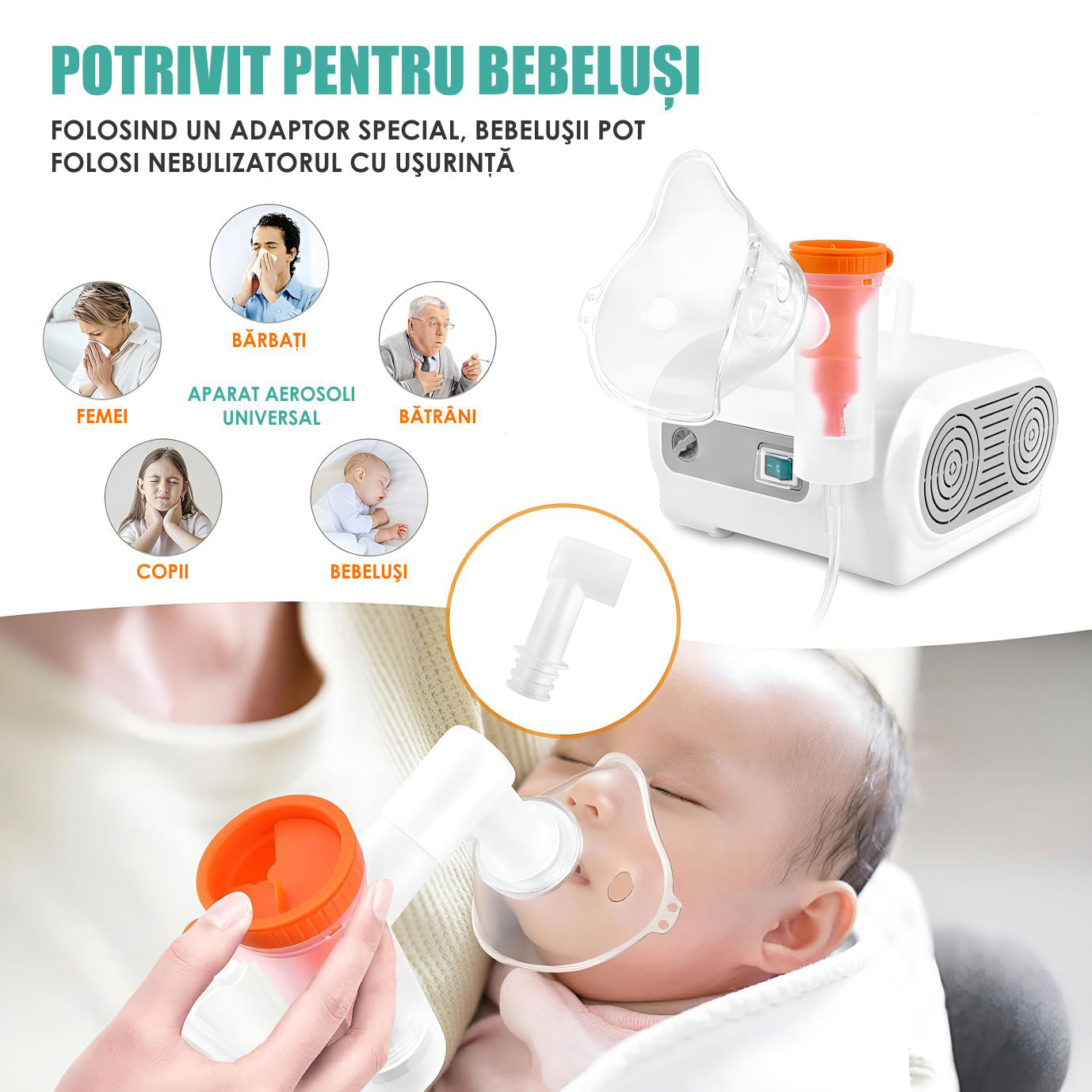Aparat Aerosoli Profesional, Masca Copii si Adulti, Adaptor Bebelusi, Nebulizator Inhalator cu Compresor, Particule 2-3µm