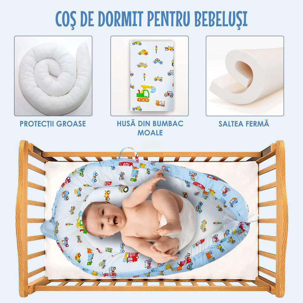 Cosulet Bebelusi pentru Dormit tip Baby Nest, cu Doua Fete, 0-24 Luni, 90x55cm, Husa Bumbac, Confort & Siguranta, Alb/Blue pale