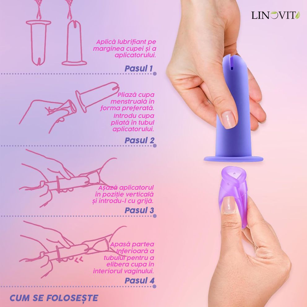Aplicator pentru cupa menstruala Linovit®, silicon medical, reutilizabil, usor de folosit, compatibil cu lubrifiant, design compact si igienic, mov