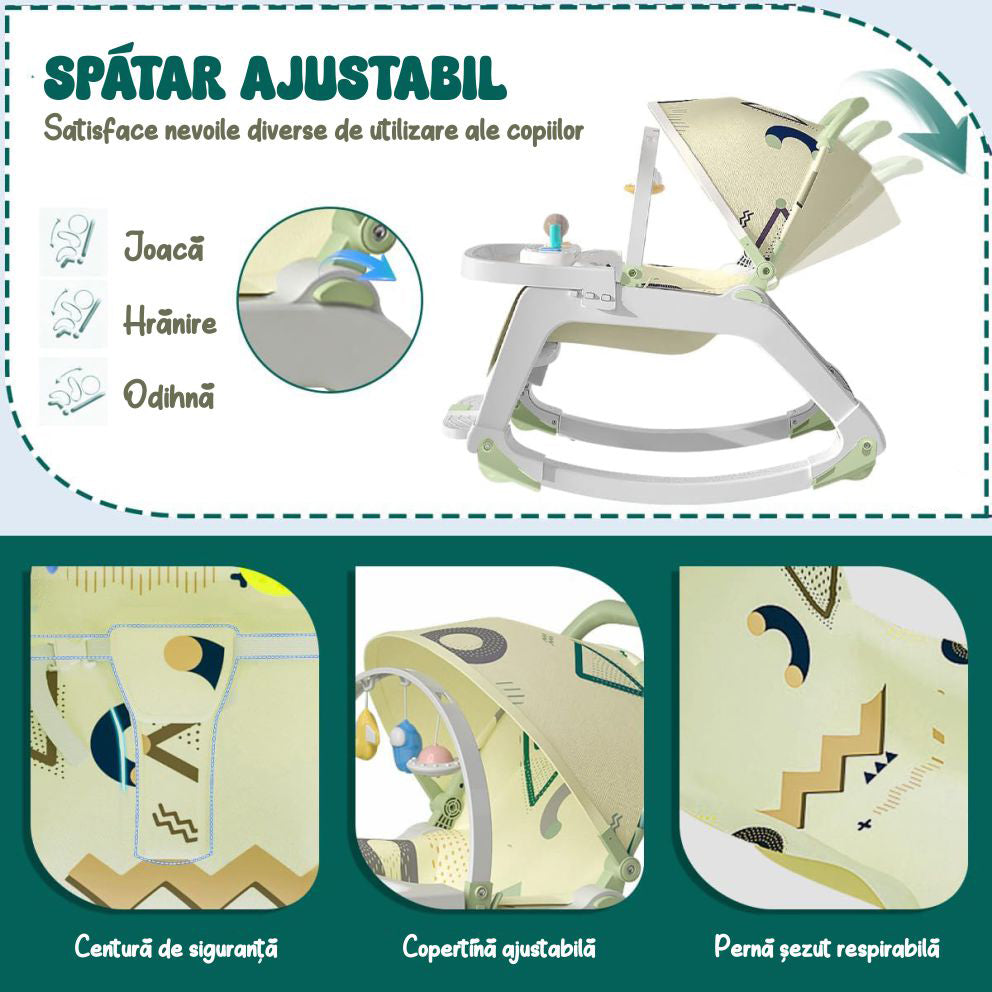 Balansoar Multifunctional 5 in 1, Scaun de Masa, Carucior, Masuta Ajustabila & Detasabila, Spatar Rabatabil, Coperina Ajustabila, Jucarii Detasabile, Buzunar Depozitare, Centura de Siguranta, 0-36 Luni, Verde