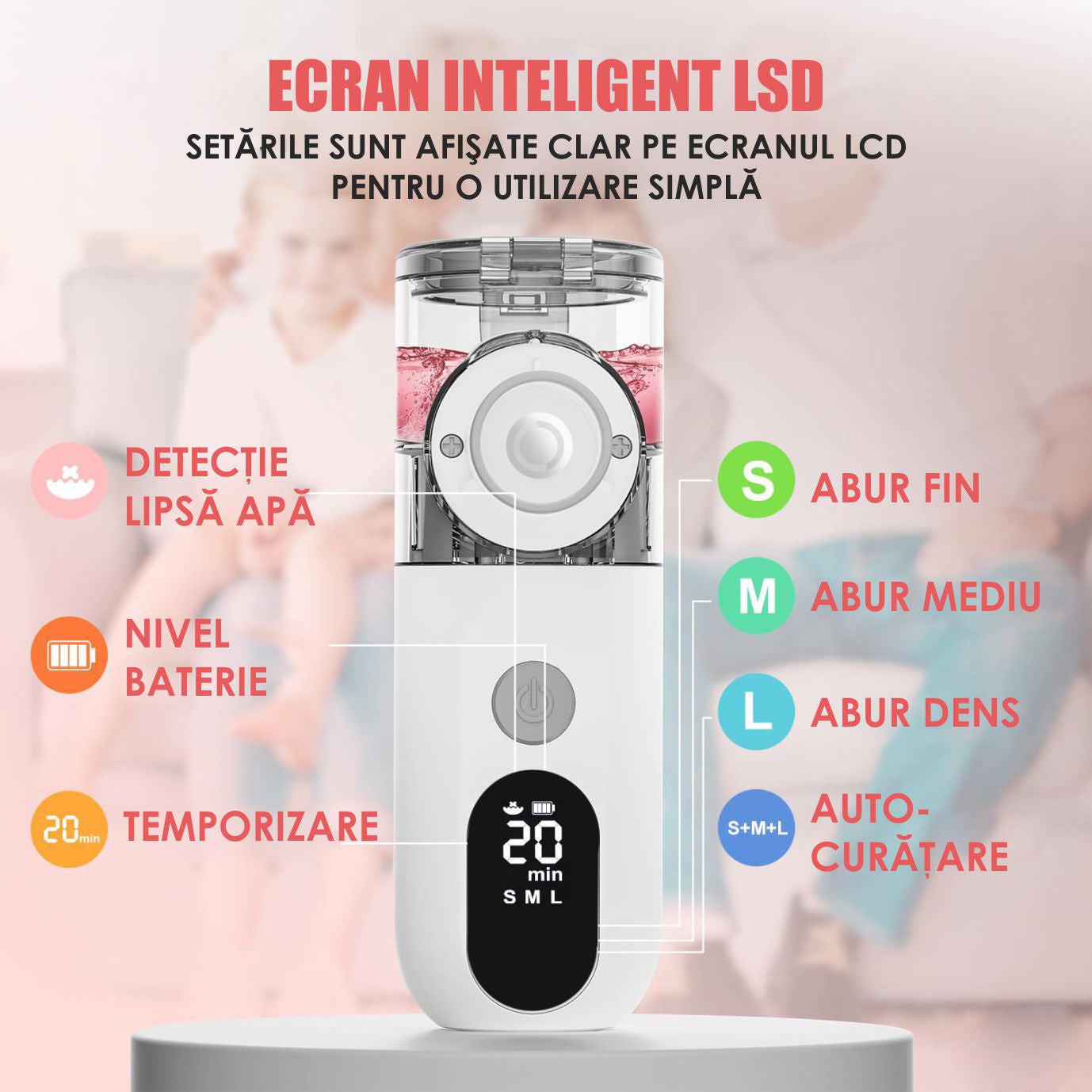 Aparat Aerosoli Profesional, Masca Copii si Adulti, Mustiuc Inhalare, 3 Moduri, Tehnologie Mesh, Particule 3.5µm, Autocuratare, Timer
